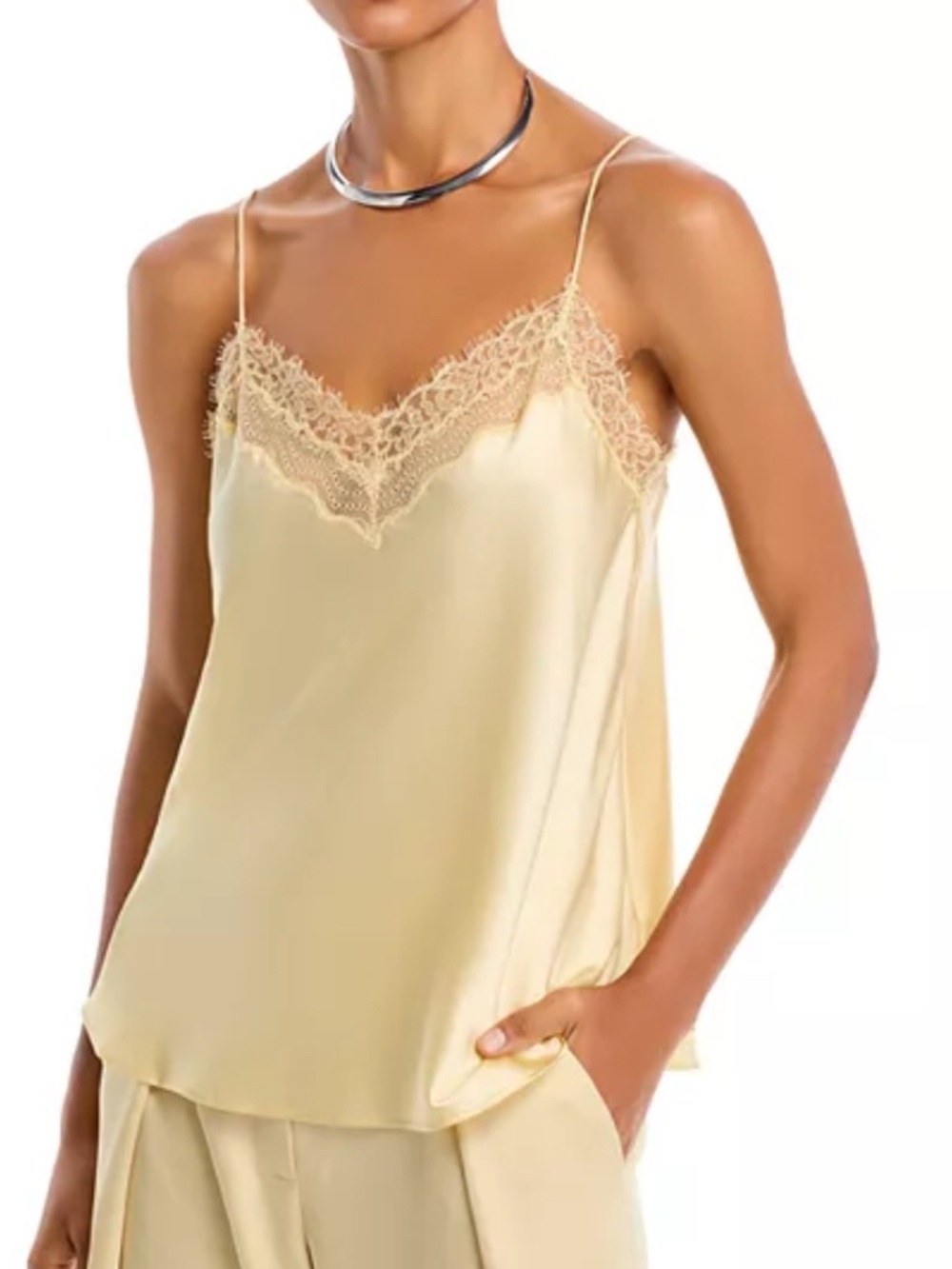 Jonathan Simkhai Satin Lace-Trim Cami in Pale Yellow